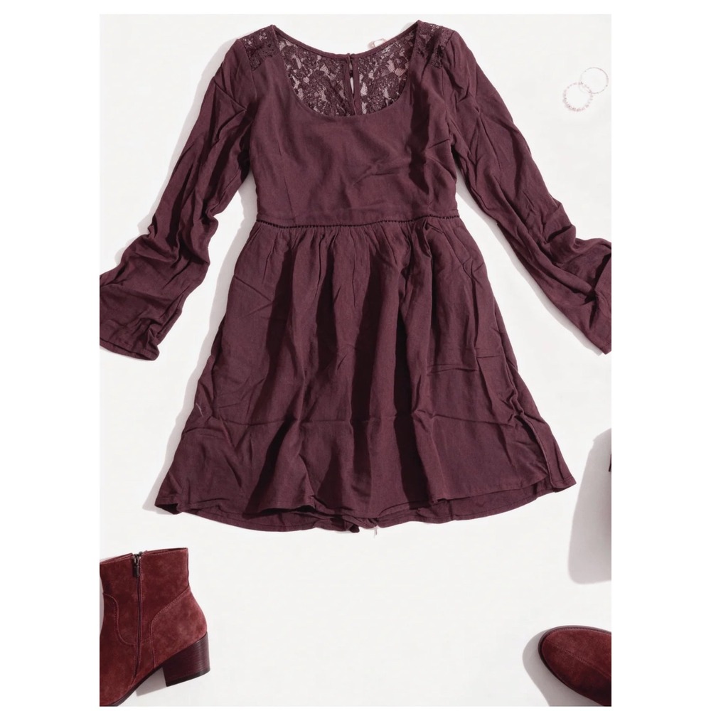 AND THE WHY Plum Lace Back Bell Sleeve Boho Mini Dress S NWT Burgundy-Romantic